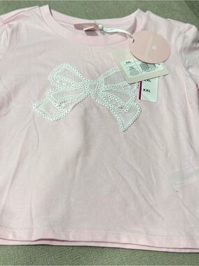 LoveShackFancy Pink Short Sleeve Tee with White Lace Bow Appliqué
